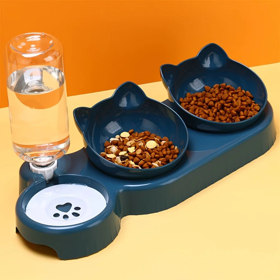 3-in-1 Elevated Cat Bowl Set - Tilted Feeding Dish with Water Feeder & Neck Protection